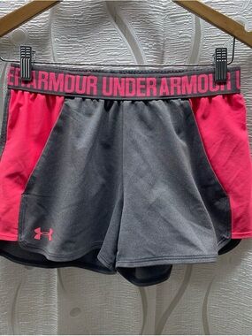 Under Armour Athletic Shorts Girls 10/12 Grey Pink Branded Waistband